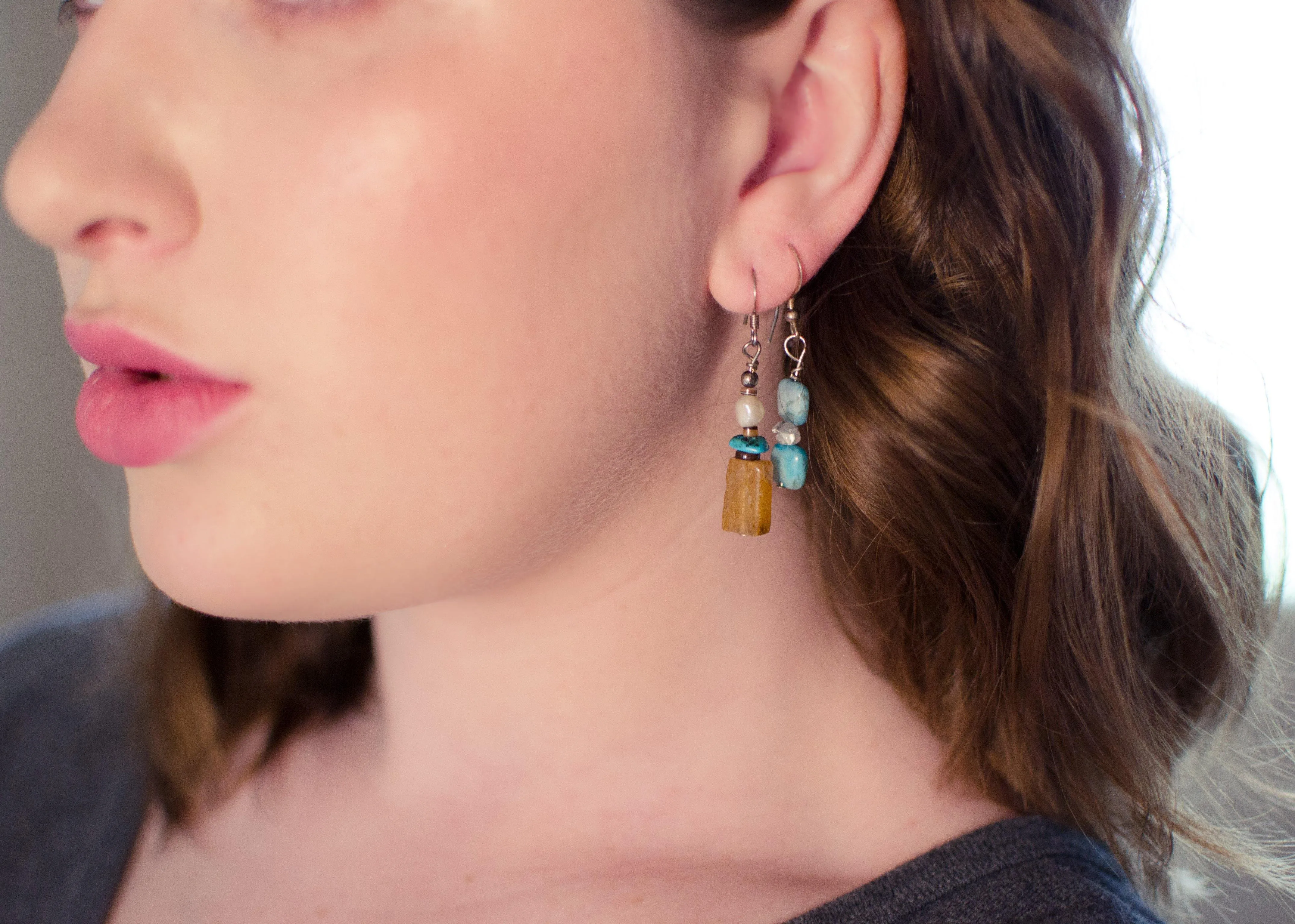 Yellow Quartz Turquoise and Pearl Earrings