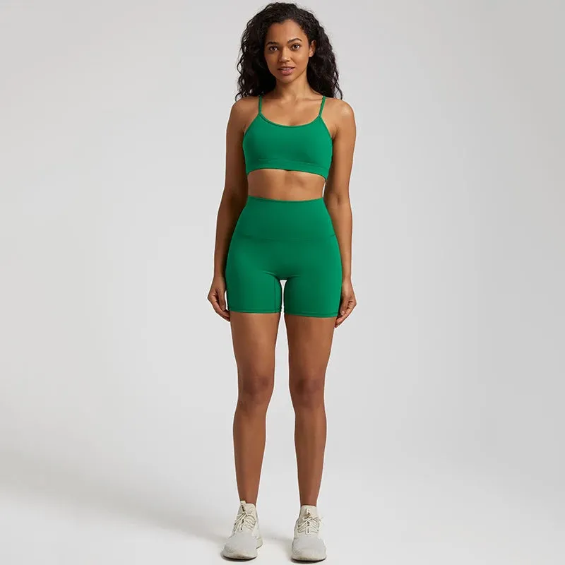 Yoga Set Gym Set Workout Clothes for Women - V Backless Sports Bra, High Waist Gym Shorts, 2 Piece Sportswear Tracksuit