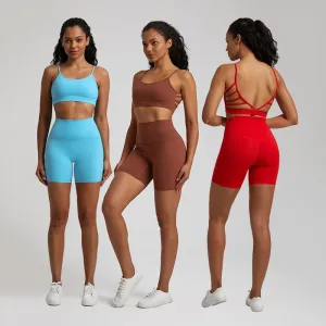 Yoga Set Gym Set Workout Clothes for Women - V Backless Sports Bra, High Waist Gym Shorts, 2 Piece Sportswear Tracksuit