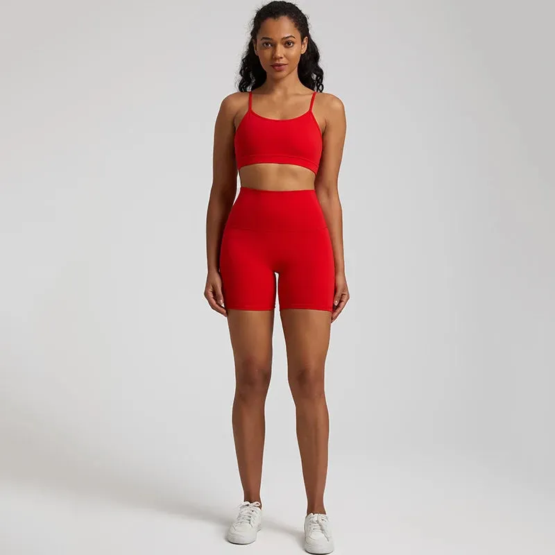 Yoga Set Gym Set Workout Clothes for Women - V Backless Sports Bra, High Waist Gym Shorts, 2 Piece Sportswear Tracksuit