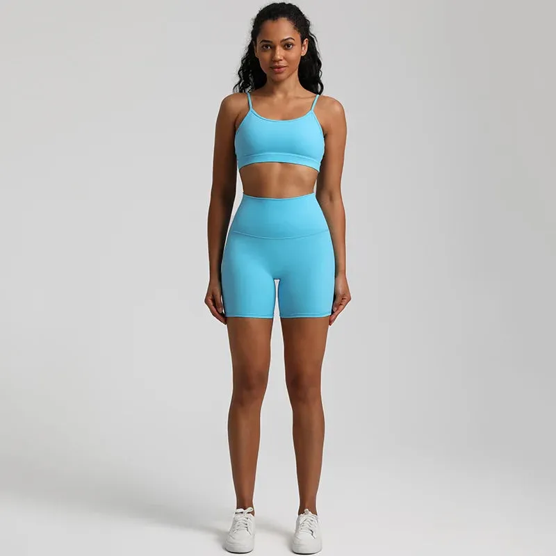 Yoga Set Gym Set Workout Clothes for Women - V Backless Sports Bra, High Waist Gym Shorts, 2 Piece Sportswear Tracksuit