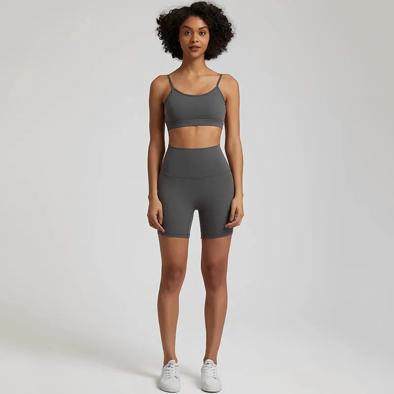 Yoga Set Gym Set Workout Clothes for Women - V Backless Sports Bra, High Waist Gym Shorts, 2 Piece Sportswear Tracksuit
