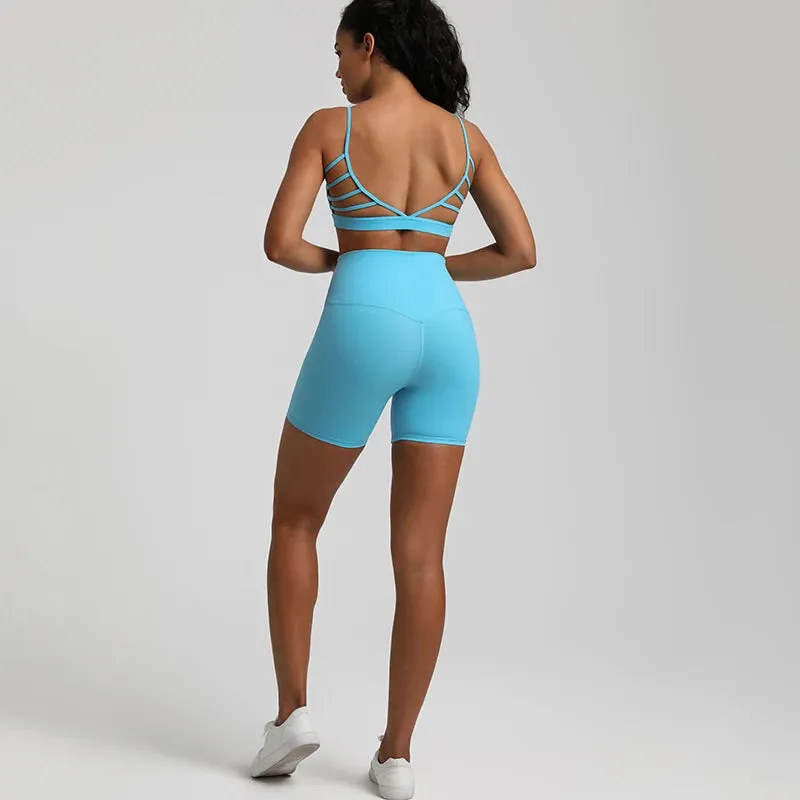 Yoga Set Gym Set Workout Clothes for Women - V Backless Sports Bra, High Waist Gym Shorts, 2 Piece Sportswear Tracksuit