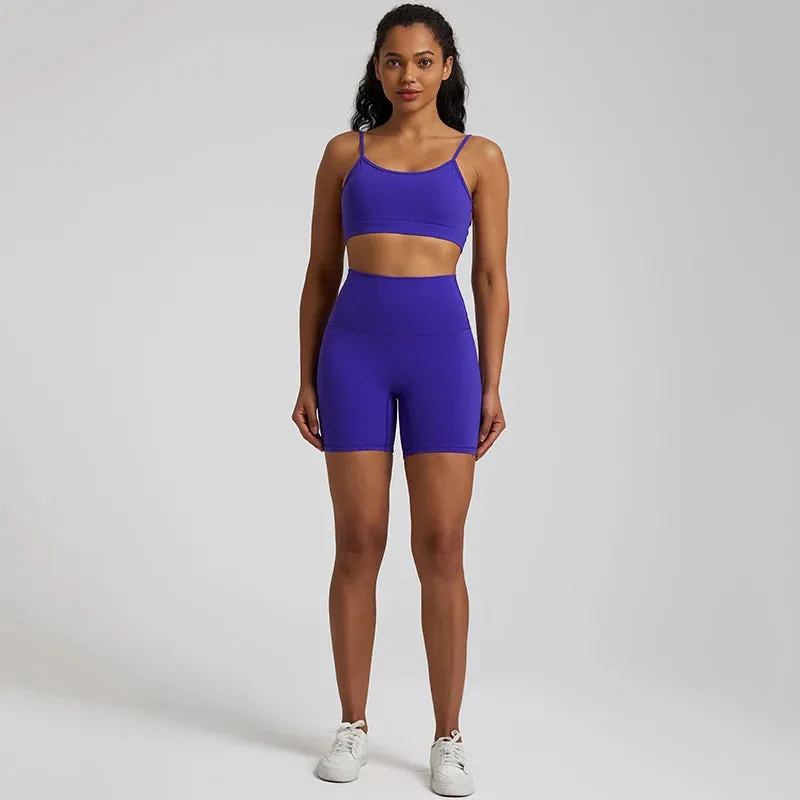 Yoga Set Gym Set Workout Clothes for Women - V Backless Sports Bra, High Waist Gym Shorts, 2 Piece Sportswear Tracksuit
