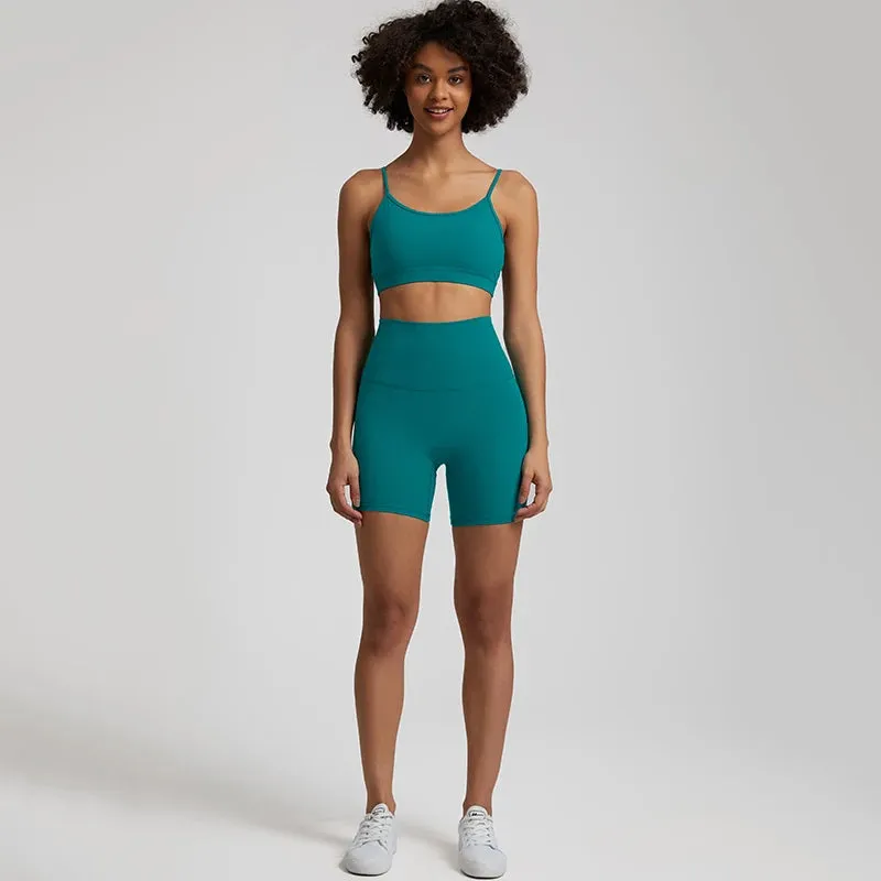 Yoga Set Gym Set Workout Clothes for Women - V Backless Sports Bra, High Waist Gym Shorts, 2 Piece Sportswear Tracksuit