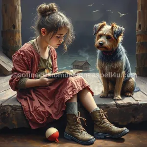 Young Girl Reading to her Puppy - AI Created One of a Kind Digital Download Art Print Canvas Poster, Wall Art, Cottage Core, DIY Gift