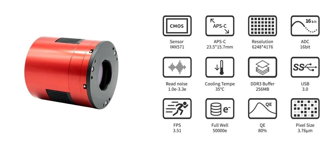 ZWO ASI2600MC Pro 26MP 3.76um Cooled Colour CMOS Telescope Astrophotography Camera - ASI2600MC-P
